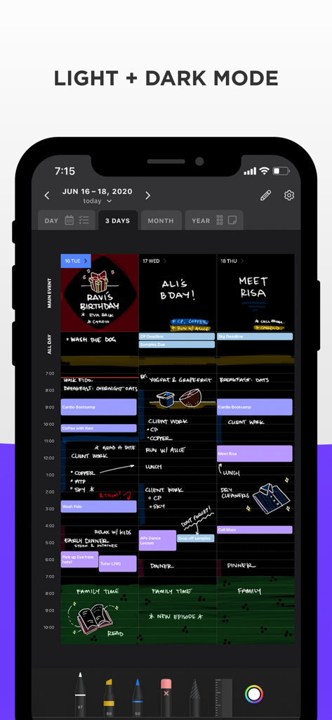 Digital planner app on an iPhone showing a 3-day calendar view in dark mode with handwritten notes and colorful sketches.