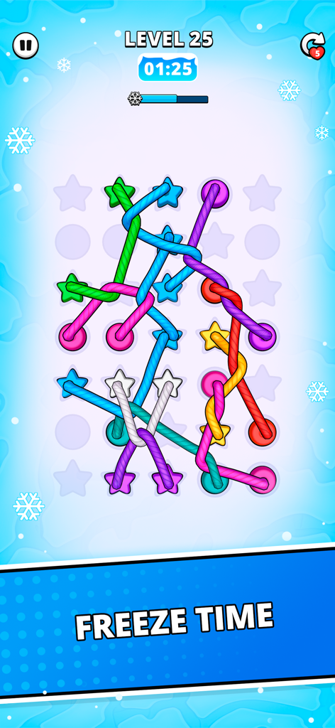 Rope Puzzle: Twisted Master - Un nivel en Rope Puzzle Twisted Master mostrando cuerdas de colores enredadas y un potenciador de congelación de tiempo