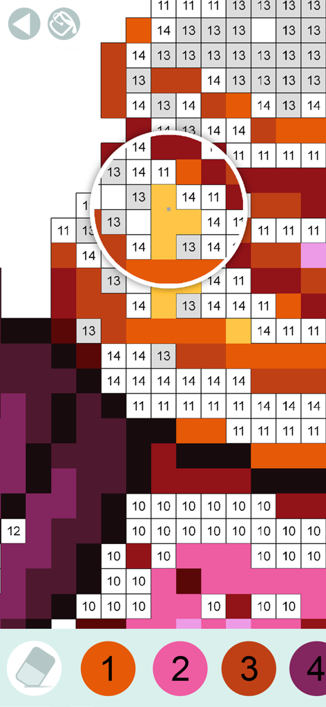 A magnified view of a pixel coloring grid showing numbered squares and color selection buttons