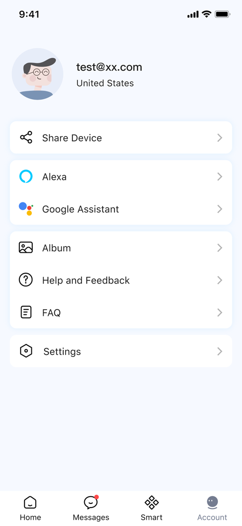 Foscam - Account settings screen of the Foscam app with smart assistant integration options