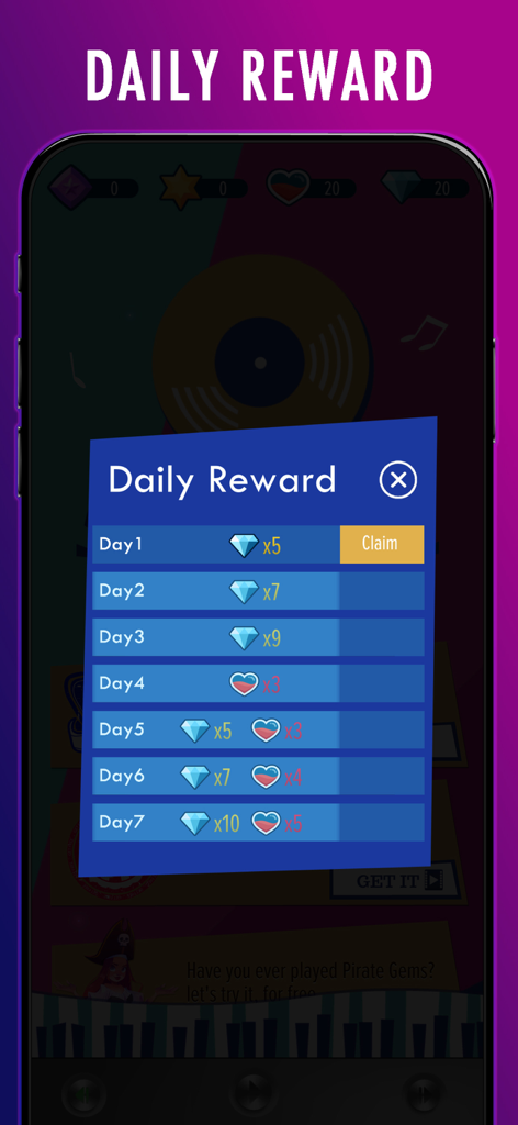 Maestro Piano Tiles - Maestro Piano Tiles daily reward screen showing diamond and heart bonuses for seven days