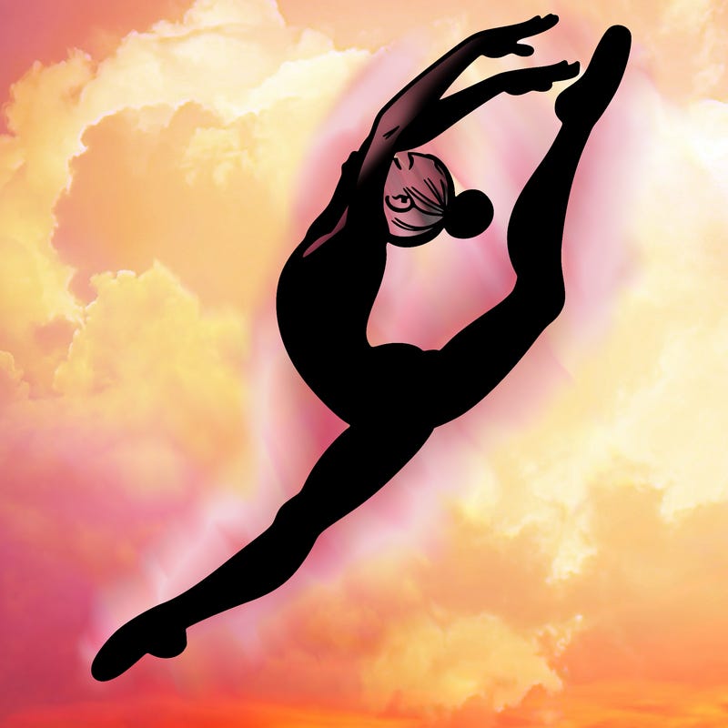 gymnast doing a leap in a leotard with a bent back leg