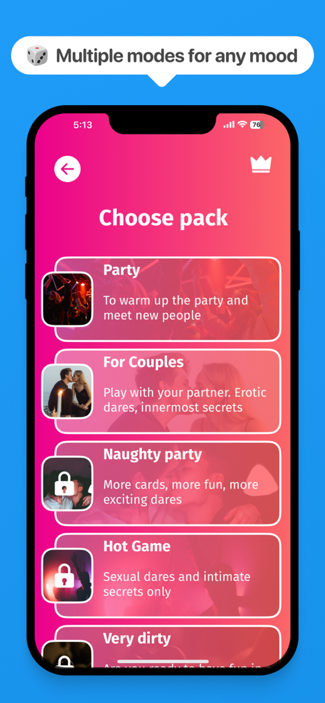 Truth or Dare? Party & Couple - Truth or Dare app screen showing different game packs for parties and couples