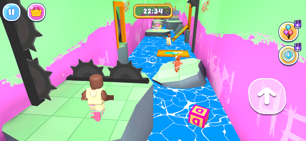 World of Parkour: Factory Run - Gameplay of World of Parkour Factory Run showing characters navigating a colorful obstacle course with gear hazards
