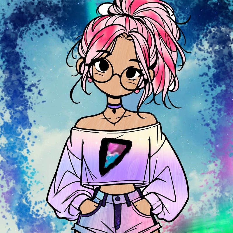 girl with a messy ponytail glasses a baggy crop top and jean shorts