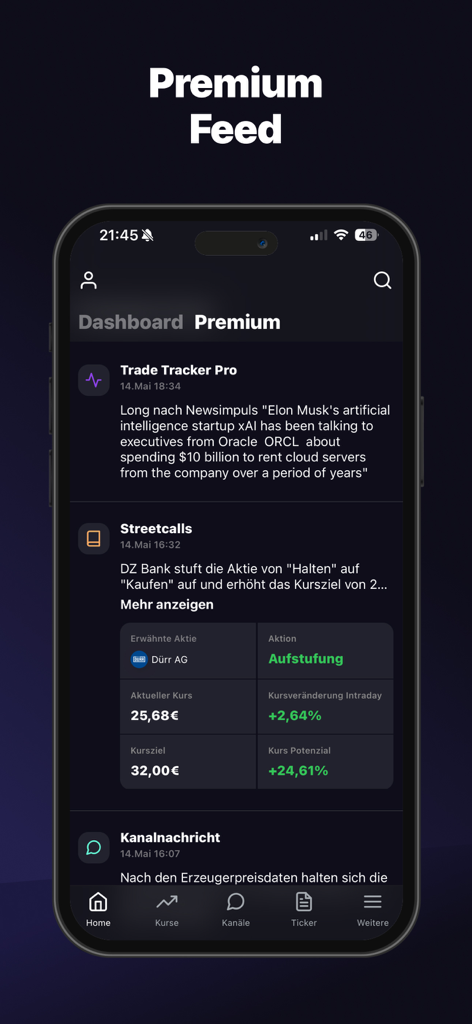 Goldesel App - Goldesel app premium feed showing stock analysis and analyst ratings