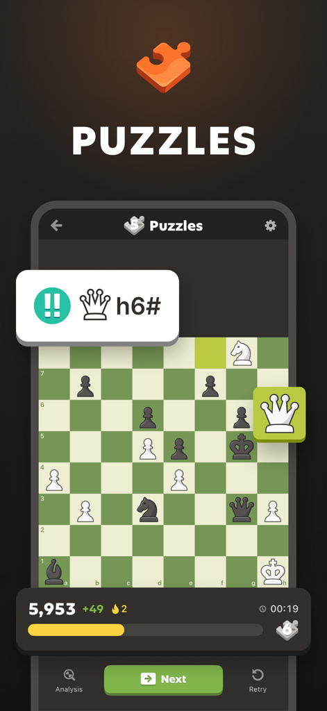 Chess.com app screenshot showing a chess puzzle with a brilliant move checkmate.