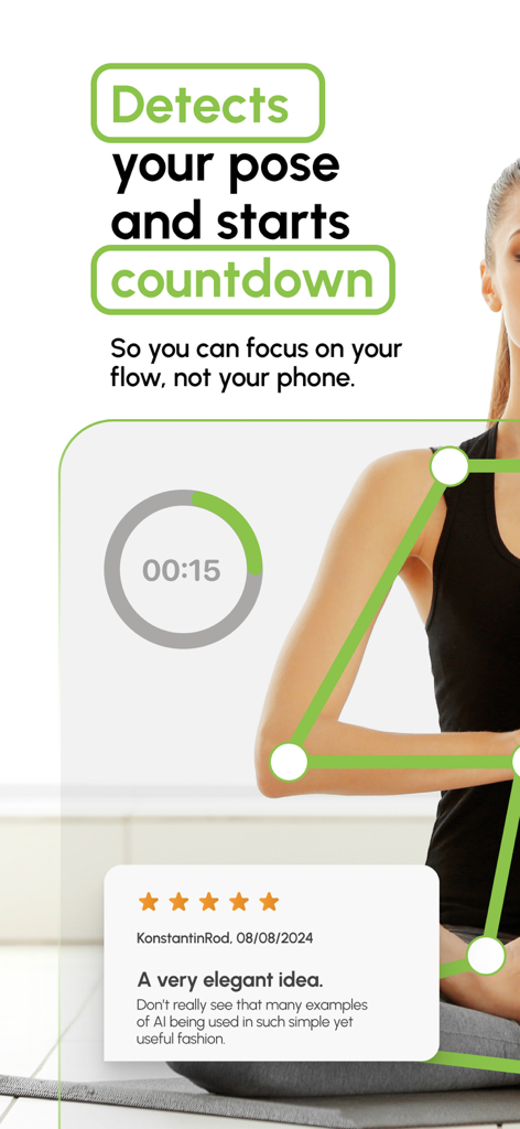 MirrorFit－Somatic Yoga Workout - MirrorFit App-Bildschirm zeigt KI-Skelettverfolgung für Yoga-Posen mit einem 15-Sekunden-Countdown-Timer