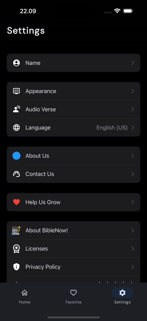 BibleNow!: Alkitab Offline - Settings screen of the BibleNow app showing options for appearance, audio verse, and language.