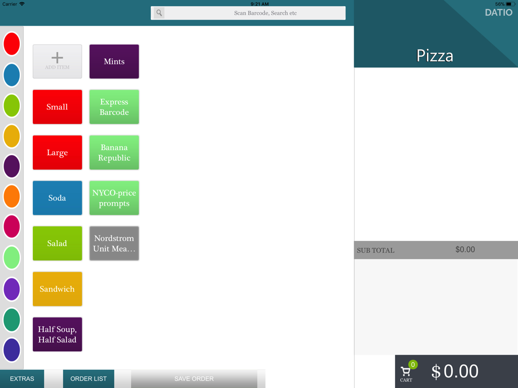 Datio Point Of Sale Restaurant - Datio Point of Sale Restaurant app interface on iPad showing menu item buttons and order total.