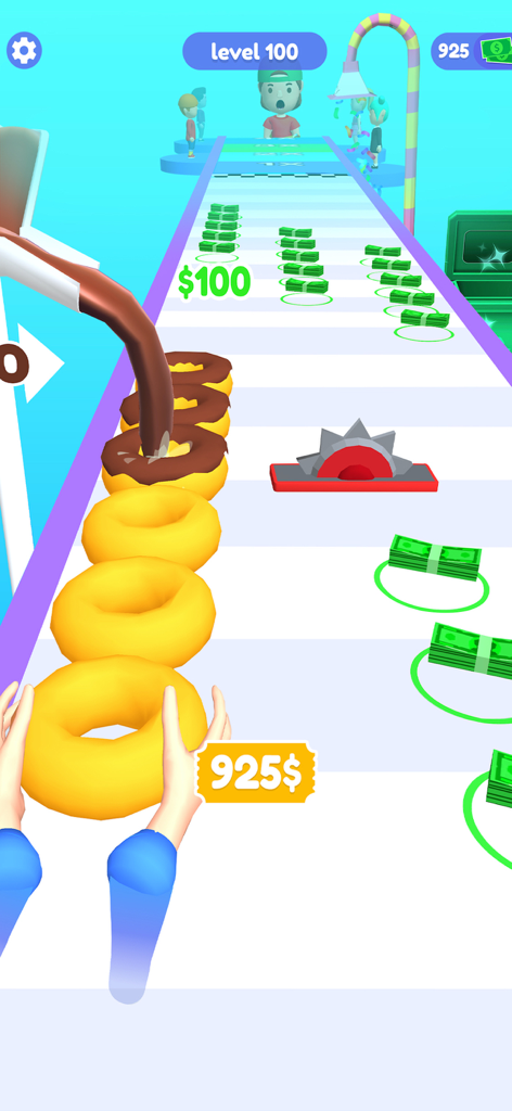 Bakery Stack Cooking Games - First person view of stacking donuts being glazed on a colorful runway with cash rewards
