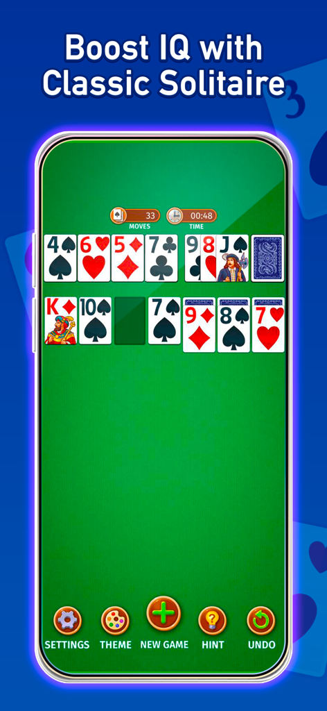 Solitaire: Classic Cards Games - A mobile screen showing classic Klondike solitaire gameplay with the headline Boost IQ with Classic Solitaire.