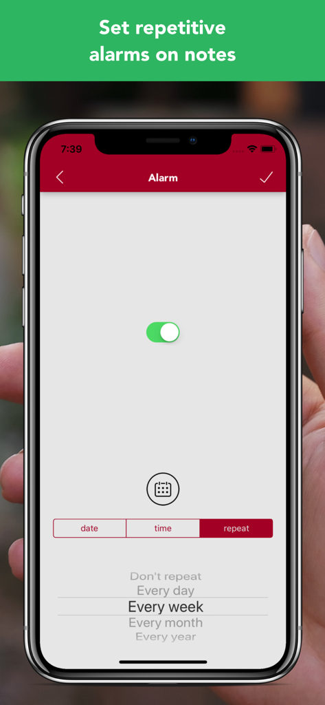 Interface para definir alarmes e lembretes semanais recorrentes em notas no aplicativo Noteworthy