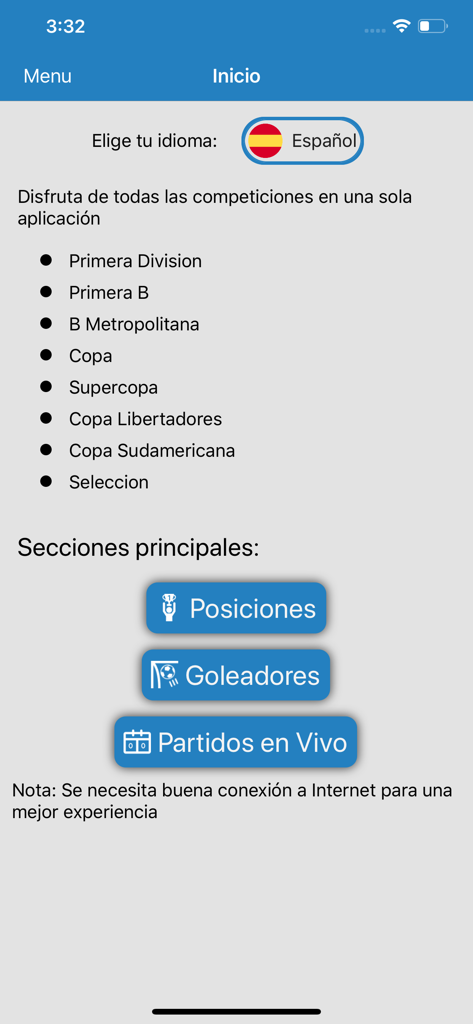 Futbol Argentino en vivo - Menu principal de l'application Futbol Argentino en vivo avec des liens vers les classements, les buteurs et les scores en direct