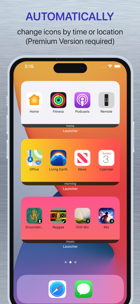 Launcher with Multiple Widgets - An iPhone home screen showing multiple custom widgets categorized into home, morning, and music sections with various app icons.