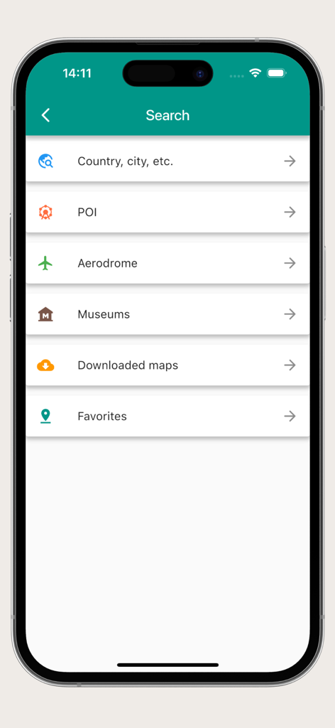 World map offline - Search screen of the World Map Offline app displaying categories for locations points of interest and museums