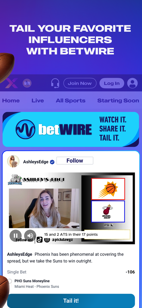 Interface d'application mobile montrant le choix d'un influenceur de paris sportifs avec la possibilité de suivre son pari sur les Phoenix Suns