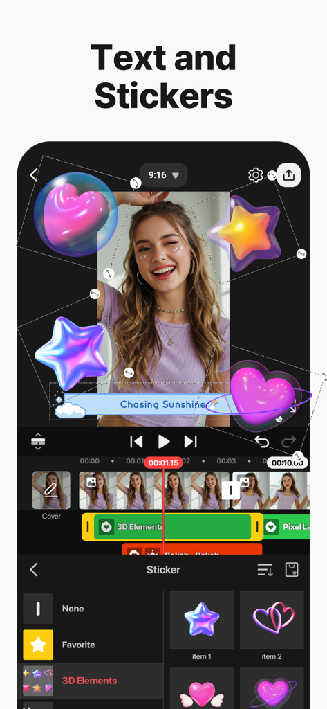Interfaz de la aplicación KineMaster que muestra la edición de video con pegatinas 3D y superposiciones de texto