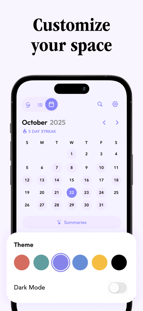 Glimpse - Voice Journal - Glimpse app customization screen showing theme color options and a monthly calendar view.