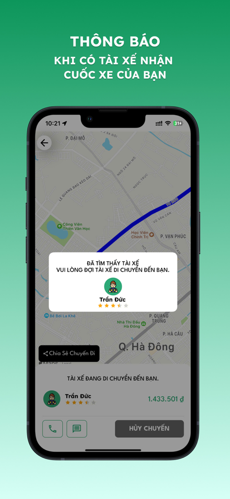 Thuelai - Tài Xế Lái Xe Hộ - Thuelai app interface showing a notification that a driver has been found with a map background and trip details