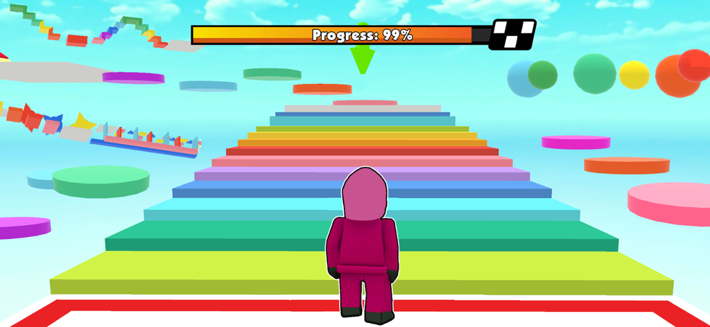 Prison Blox: Obby 3D Parkour - Un personaje rosa sobre escaleras arcoíris en una pista de parkour obby 3D con una barra de progreso del 99 por ciento