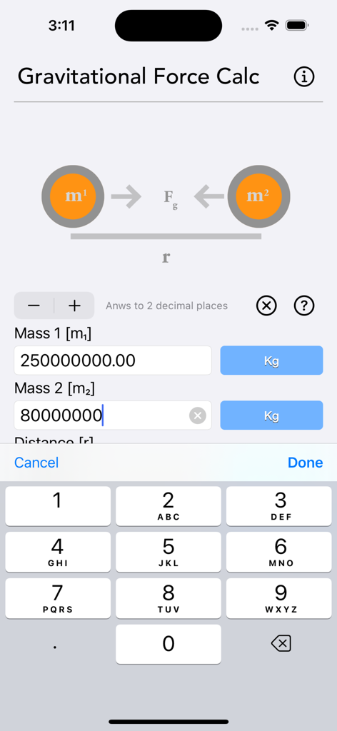 Gravitational Force Calculator - Interface of the Gravitational Force Calculator app showing data entry for mass and a numeric keypad