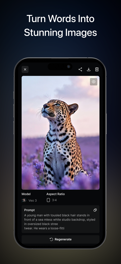 AI Video Maker - ChromaStudio - Mobile interface of ChromaStudio AI Video Maker showing a realistic AI generated leopard in a lavender field.