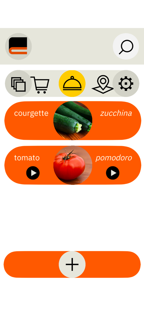 Calepino - Mobile app interface of Calepino showing a visual dictionary with vegetable entries in English and Italian including sound playback buttons