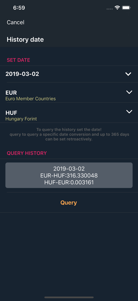 iCurrency Exchange Pro - Interface of the historical exchange rate query screen for Euro and Hungarian Forint in iCurrency Exchange Pro.