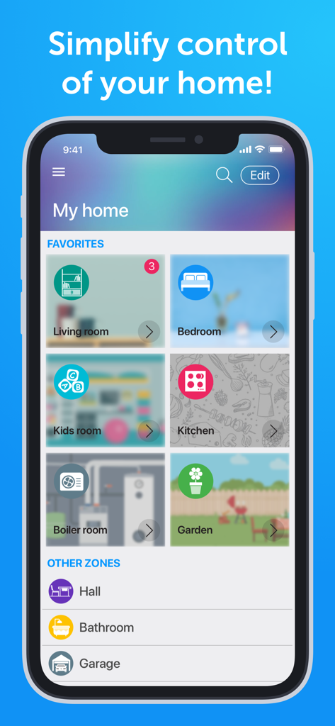 TapHome Official Smart Home - TapHome app interface showing a dashboard for home automation with tiles for various rooms like living room kitchen and garden