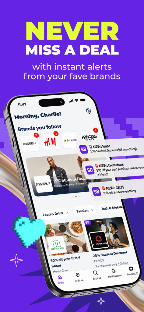 Student Beans: College Deals - iPhone screen showing Student Beans app notifications for student discounts from popular brands like Gymshark and HM.