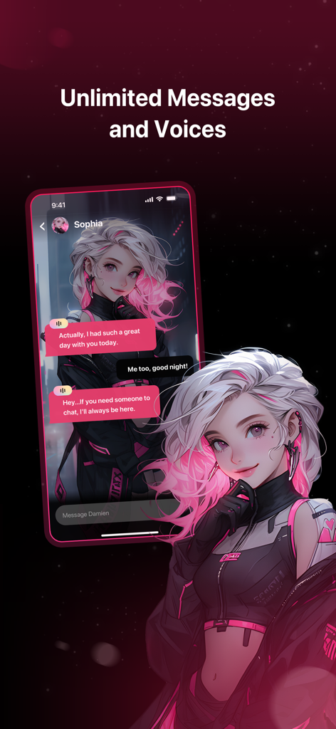 SoulTalk app interface showing a chat with an anime character named Sophia featuring unlimited messages and voices.