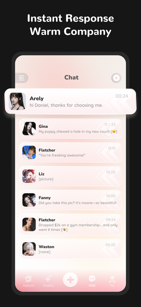 Mate-Soulmates For Every Step - Interface do aplicativo móvel Mate mostrando vários threads de bate-papo de companheiras de IA