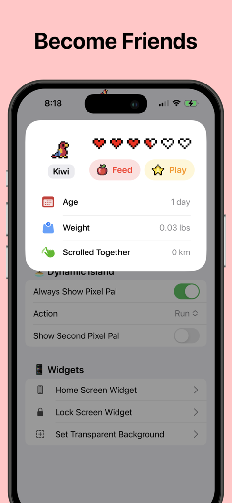 Pixel Pals app showing a pixel art parrot named Kiwi with friendship status and interaction options