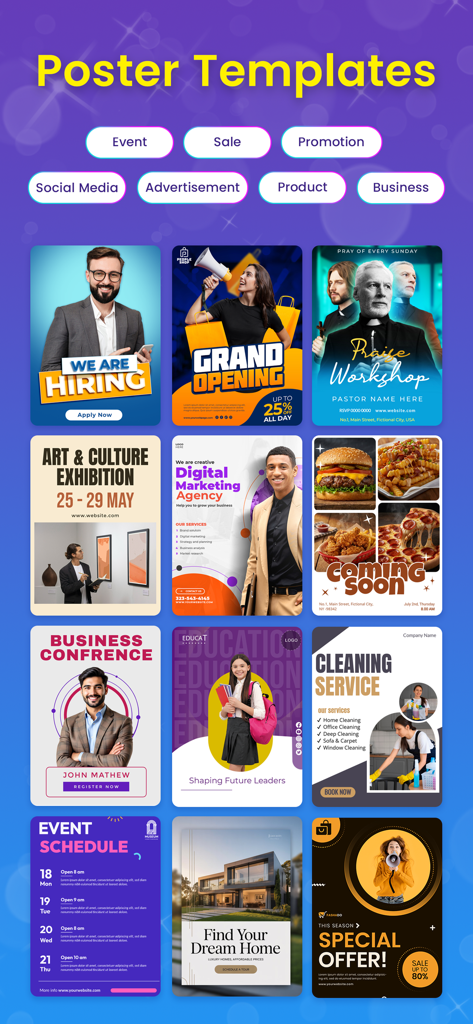 Une variété de modèles d'affiches et de flyers professionnels pour le marketing d'entreprise au sein de l'application Pixeen