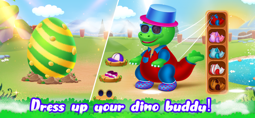 Dino World for Kids age 5 4 3 - Dino Worldで、青い帽子とサングラスをかけた緑の漫画の恐竜と大きな縞模様の卵