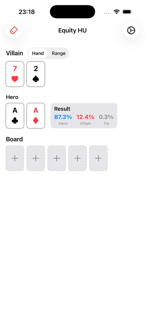 Oberfläche von Equity Lab, die eine Heads-Up-Poker-Equity-Berechnung zwischen Hero- und Villain-Händen zeigt