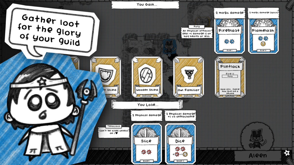 A hand-drawn battle screen showing loot cards and tactical choices in a notebook sketch art style.