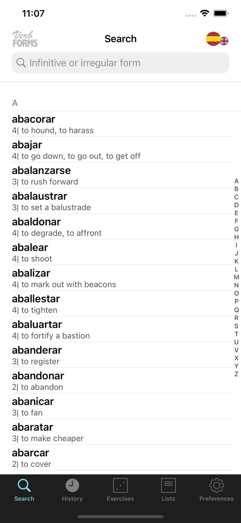 Pantalla de búsqueda de la aplicación VerbForms Espanol mostrando una lista de verbos en español con traducciones al inglés