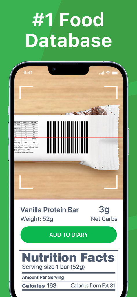Keto Diet App - Carb Genius - Keto Diet App barcode scanner identifying a protein bar with 3g net carbs and nutritional facts