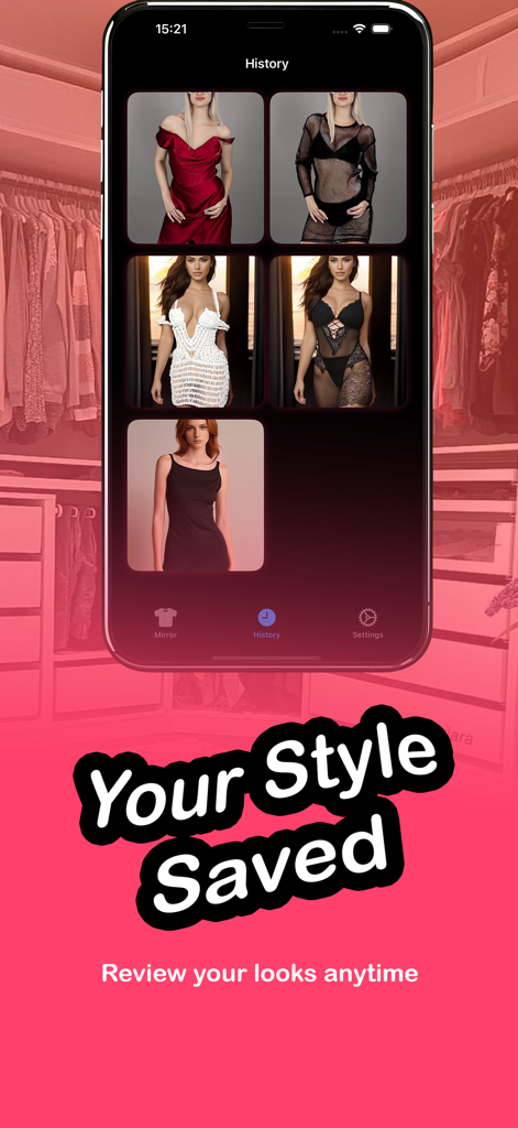 History screen in the AI Clothes Changer app showing a gallery of saved virtual outfits.