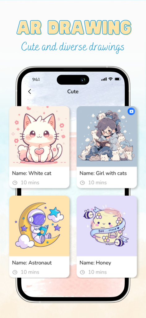 ARDrawing: Unleash Creativity - ARDrawing app gallery showing various cute drawing templates like a white cat and a girl with cats