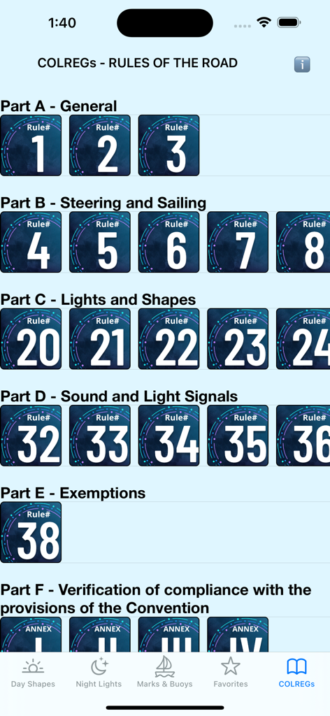 Sail Safe - Sail Safe app interface showing the maritime Rules of the Road categorized into parts and rule numbers