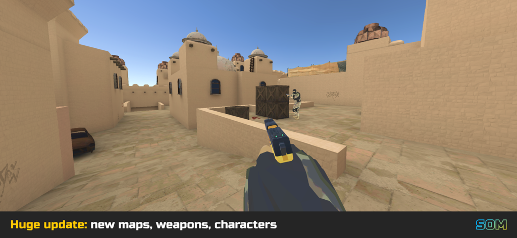 SOM: StrikeOut Multiplayer - Jugabilidad de disparos en primera persona en SOM StrikeOut Multiplayer con un mapa desértico y skin de pistola personalizada