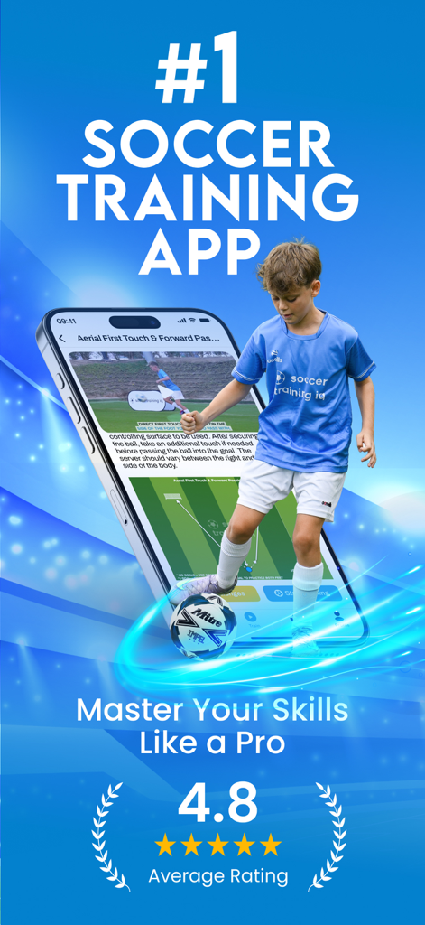 Soccer Training IQ - A young boy practicing soccer drills with the Soccer Training IQ app displayed on a smartphone