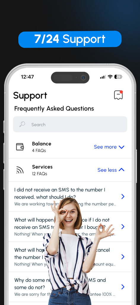 Interfaz de soporte y preguntas frecuentes de la aplicación de números virtuales GetCode, destacando el servicio al cliente 24/7