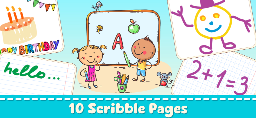 Coloring Games Kids・Babies 2-6 - Crianças desenhando em páginas de rabiscos digitais com letras e números educativos