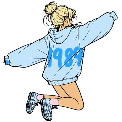 realistic girl jumping with a bun and oversized sweatshirt
