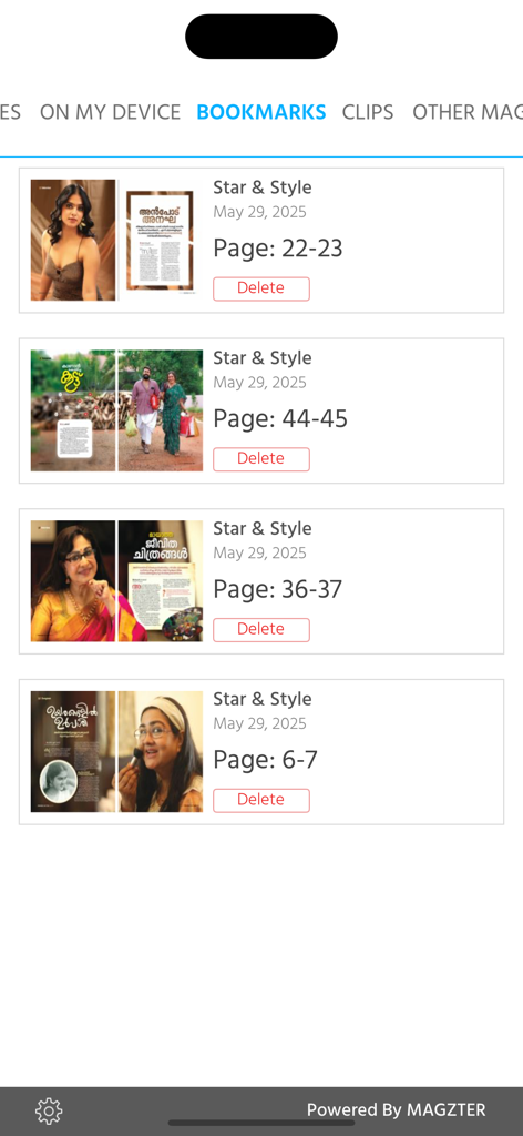 Star & Style - Screenshot of the Bookmarks screen in the Star and Style app showing several saved magazine pages