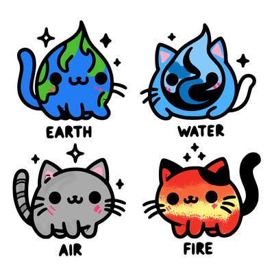 4 cats that represent the different elements, earth, water, air, and fire